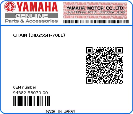 Product image: Yamaha - 94582-53070-00 - CHAIN (DID25SH-70LE) 