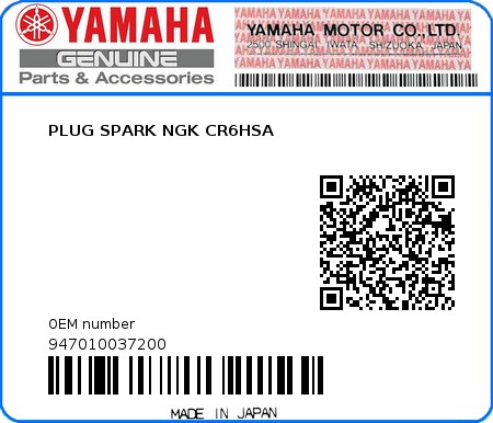 Product image: Yamaha - 947010037200 - PLUG SPARK NGK CR6HSA   0