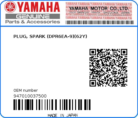 Product image: Yamaha - 947010037500 - PLUG, SPARK (DPR6EA-9)(62Y) 