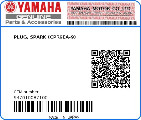 Product image: Yamaha - 947010087100 - PLUG, SPARK (CPR9EA-9) 