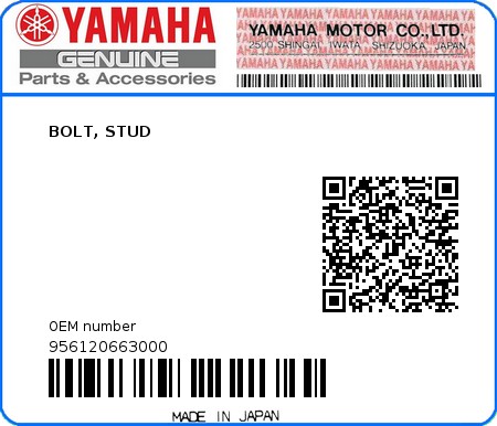 Product image: Yamaha - 956120663000 - BOLT, STUD  0