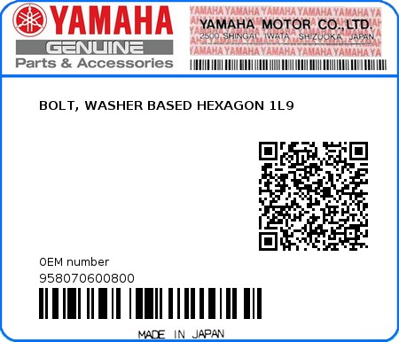 Product image: Yamaha - 958070600800 - BOLT, WASHER BASED HEXAGON 1L9 