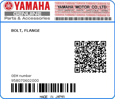 Product image: Yamaha - 958070602000 - BOLT, FLANGE 