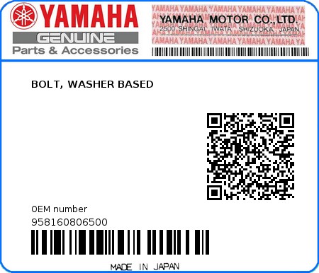 Product image: Yamaha - 958160806500 - BOLT, WASHER BASED  0