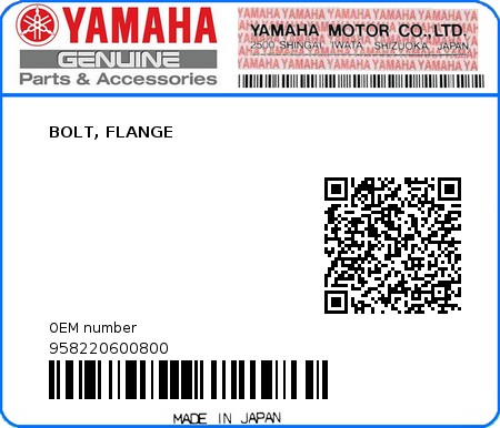 Product image: Yamaha - 958220600800 - BOLT, FLANGE 