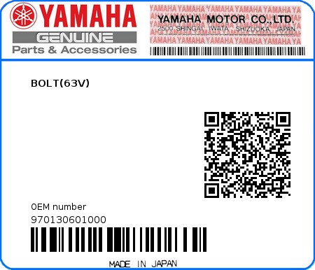 Product image: Yamaha - 970130601000 - BOLT(63V) 