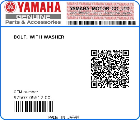 Product image: Yamaha - 97507-05512-00 - BOLT, WITH WASHER 