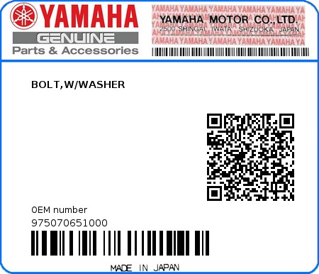 Product image: Yamaha - 975070651000 - BOLT,W/WASHER 