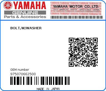 Product image: Yamaha - 975070662500 - BOLT,W/WASHER  0