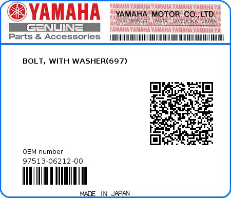 Product image: Yamaha - 97513-06212-00 - BOLT, WITH WASHER(697) 