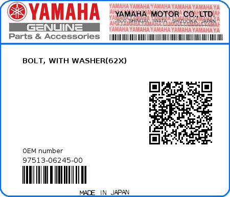 Product image: Yamaha - 97513-06245-00 - BOLT, WITH WASHER(62X) 