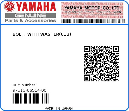 Product image: Yamaha - 97513-06514-00 - BOLT, WITH WASHER(61B) 