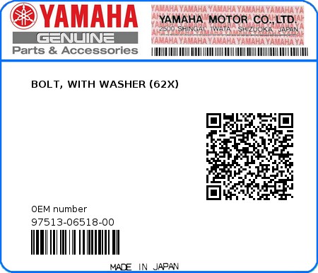 Product image: Yamaha - 97513-06518-00 - BOLT, WITH WASHER (62X)  0