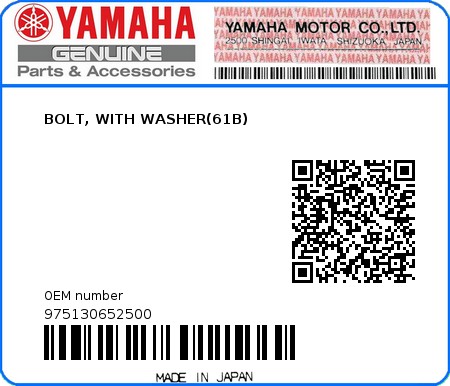 Product image: Yamaha - 975130652500 - BOLT, WITH WASHER(61B)  0