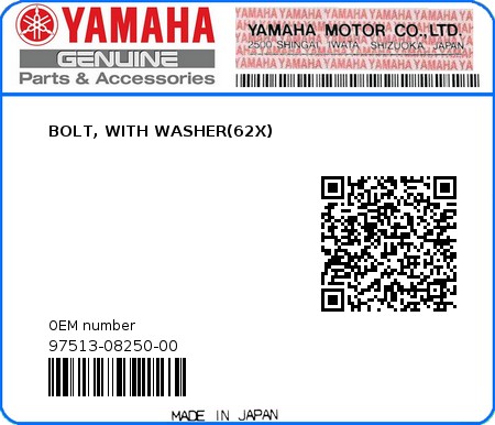 Product image: Yamaha - 97513-08250-00 - BOLT, WITH WASHER(62X) 