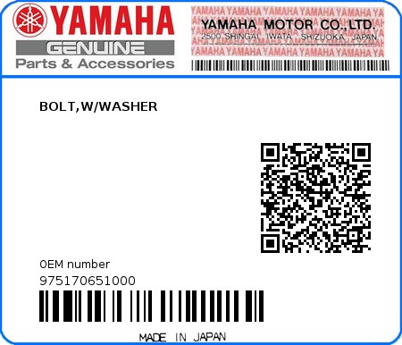 Product image: Yamaha - 975170651000 - BOLT,W/WASHER  0