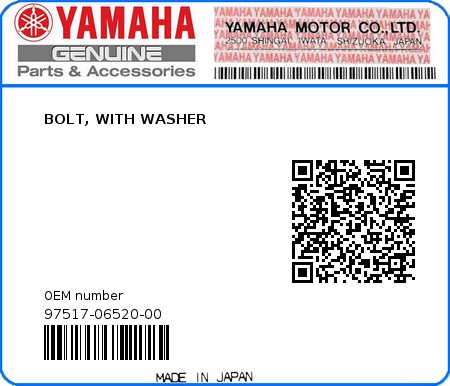 Product image: Yamaha - 97517-06520-00 - BOLT, WITH WASHER 