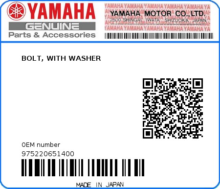 Product image: Yamaha - 975220651400 - BOLT, WITH WASHER 