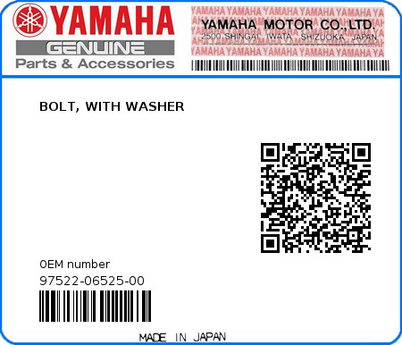 Product image: Yamaha - 97522-06525-00 - BOLT, WITH WASHER  0