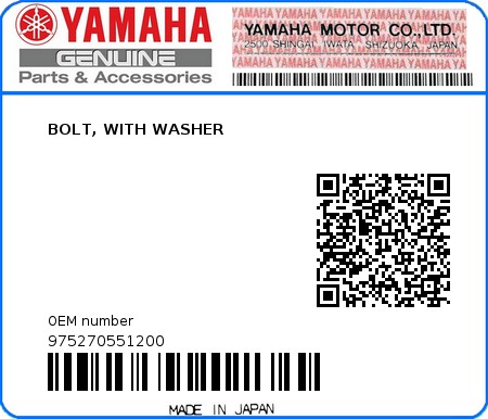 Product image: Yamaha - 975270551200 - BOLT, WITH WASHER 