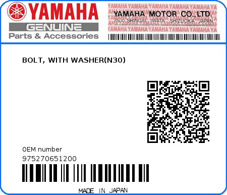 Product image: Yamaha - 975270651200 - BOLT, WITH WASHER(N30) 