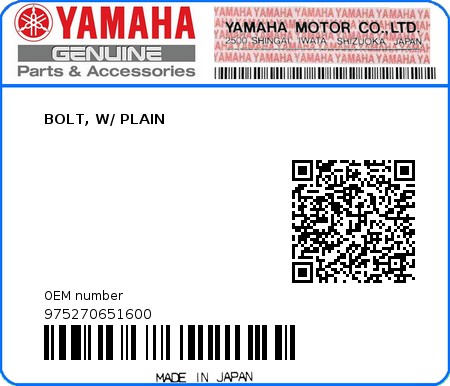 Product image: Yamaha - 975270651600 - BOLT, W/ PLAIN  0