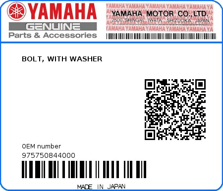 Product image: Yamaha - 975750844000 - BOLT, WITH WASHER 