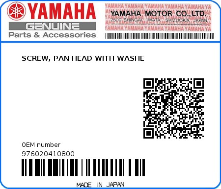 Product image: Yamaha - 976020410800 - SCREW, PAN HEAD WITH WASHE 