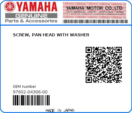 Product image: Yamaha - 97602-04306-00 - SCREW, PAN HEAD WITH WASHER  0