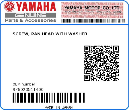 Product image: Yamaha - 976020511400 - SCREW, PAN HEAD WITH WASHER 