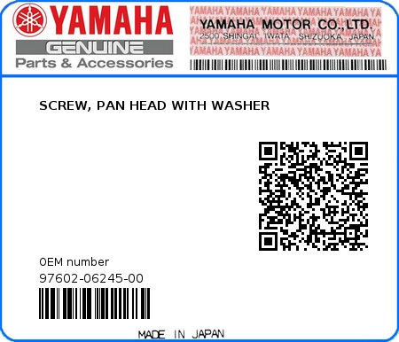 Product image: Yamaha - 97602-06245-00 - SCREW, PAN HEAD WITH WASHER 