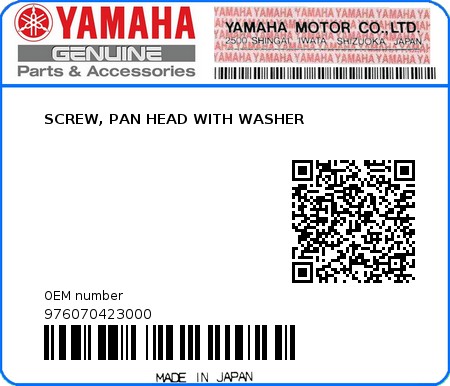 Product image: Yamaha - 976070423000 - SCREW, PAN HEAD WITH WASHER 