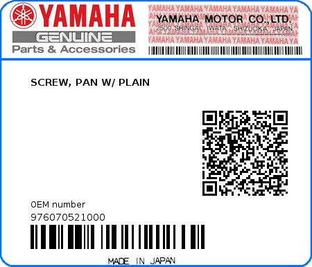 Product image: Yamaha - 976070521000 - SCREW, PAN W/ PLAIN 