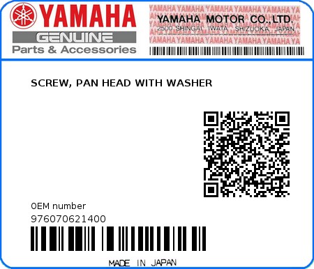 Product image: Yamaha - 976070621400 - SCREW, PAN HEAD WITH WASHER 