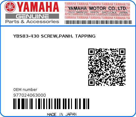Product image: Yamaha - 977024063000 - YBS83-430 SCREW,PANH. TAPPING  0