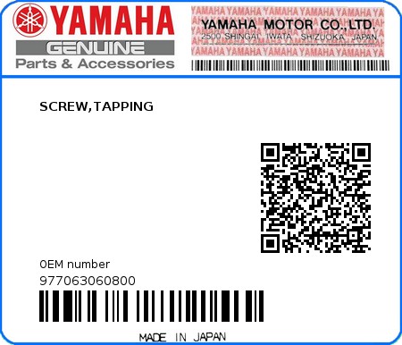 Product image: Yamaha - 977063060800 - SCREW,TAPPING 