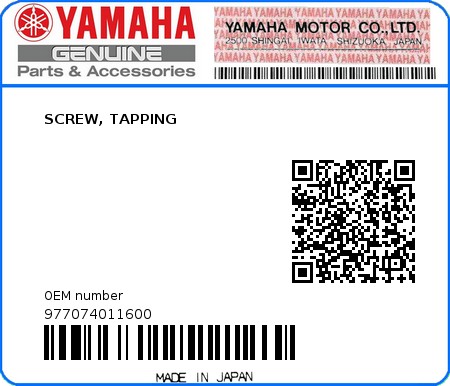 Product image: Yamaha - 977074011600 - SCREW, TAPPING 