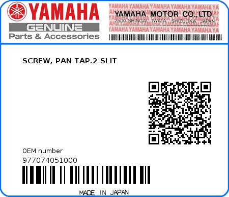 Product image: Yamaha - 977074051000 - SCREW, PAN TAP.2 SLIT 