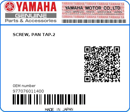 Product image: Yamaha - 977076011400 - SCREW, PAN TAP.2 