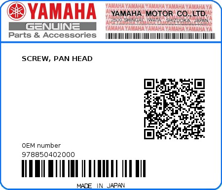 Product image: Yamaha - 978850402000 - SCREW, PAN HEAD  0