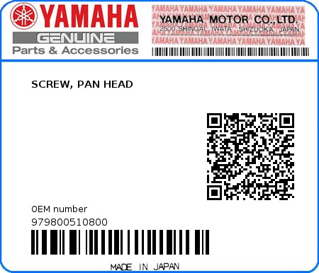 Product image: Yamaha - 979800510800 - SCREW, PAN HEAD   0