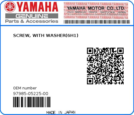 Product image: Yamaha - 97985-05225-00 - SCREW, WITH WASHER(6H1)  0