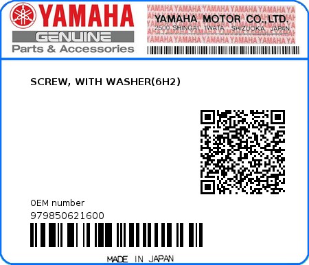 Product image: Yamaha - 979850621600 - SCREW, WITH WASHER(6H2) 