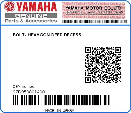 Product image: Yamaha - 97D950801400 - BOLT, HEXAGON DEEP RECESS  0