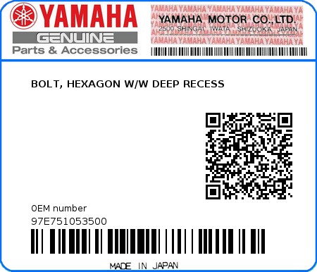 Product image: Yamaha - 97E751053500 - BOLT, HEXAGON W/W DEEP RECESS  0