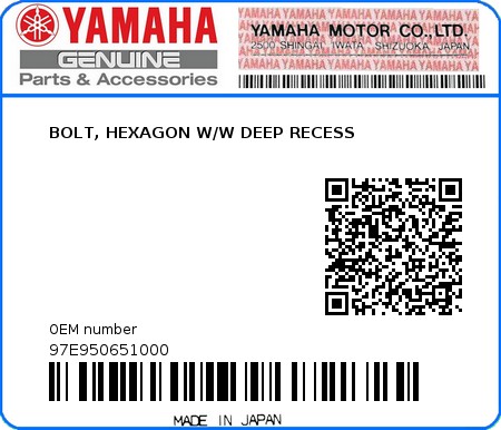 Product image: Yamaha - 97E950651000 - BOLT, HEXAGON W/W DEEP RECESS 