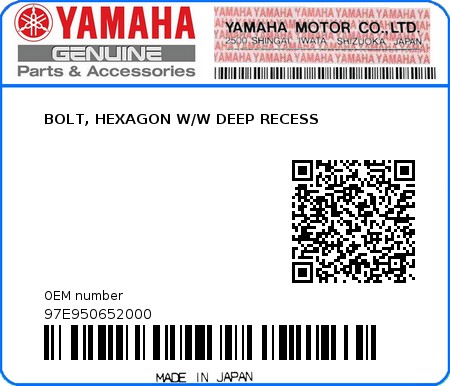 Product image: Yamaha - 97E950652000 - BOLT, HEXAGON W/W DEEP RECESS 