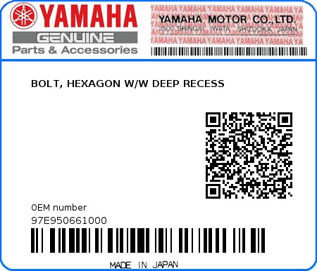 Product image: Yamaha - 97E950661000 - BOLT, HEXAGON W/W DEEP RECESS  0