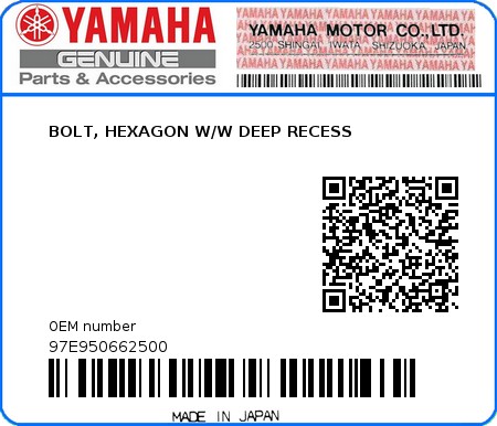 Product image: Yamaha - 97E950662500 - BOLT, HEXAGON W/W DEEP RECESS 