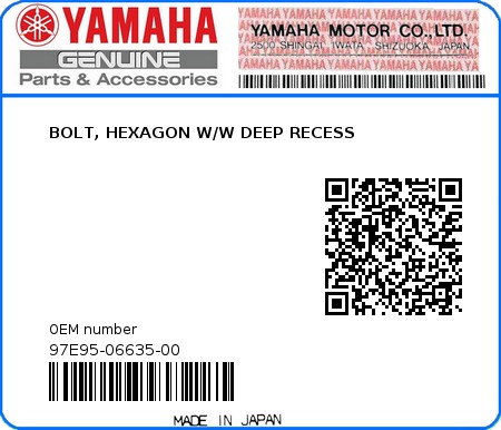 Product image: Yamaha - 97E95-06635-00 - BOLT, HEXAGON W/W DEEP RECESS 